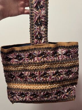 Woven Multicolor Straw Tote Bag with Patterned Strap